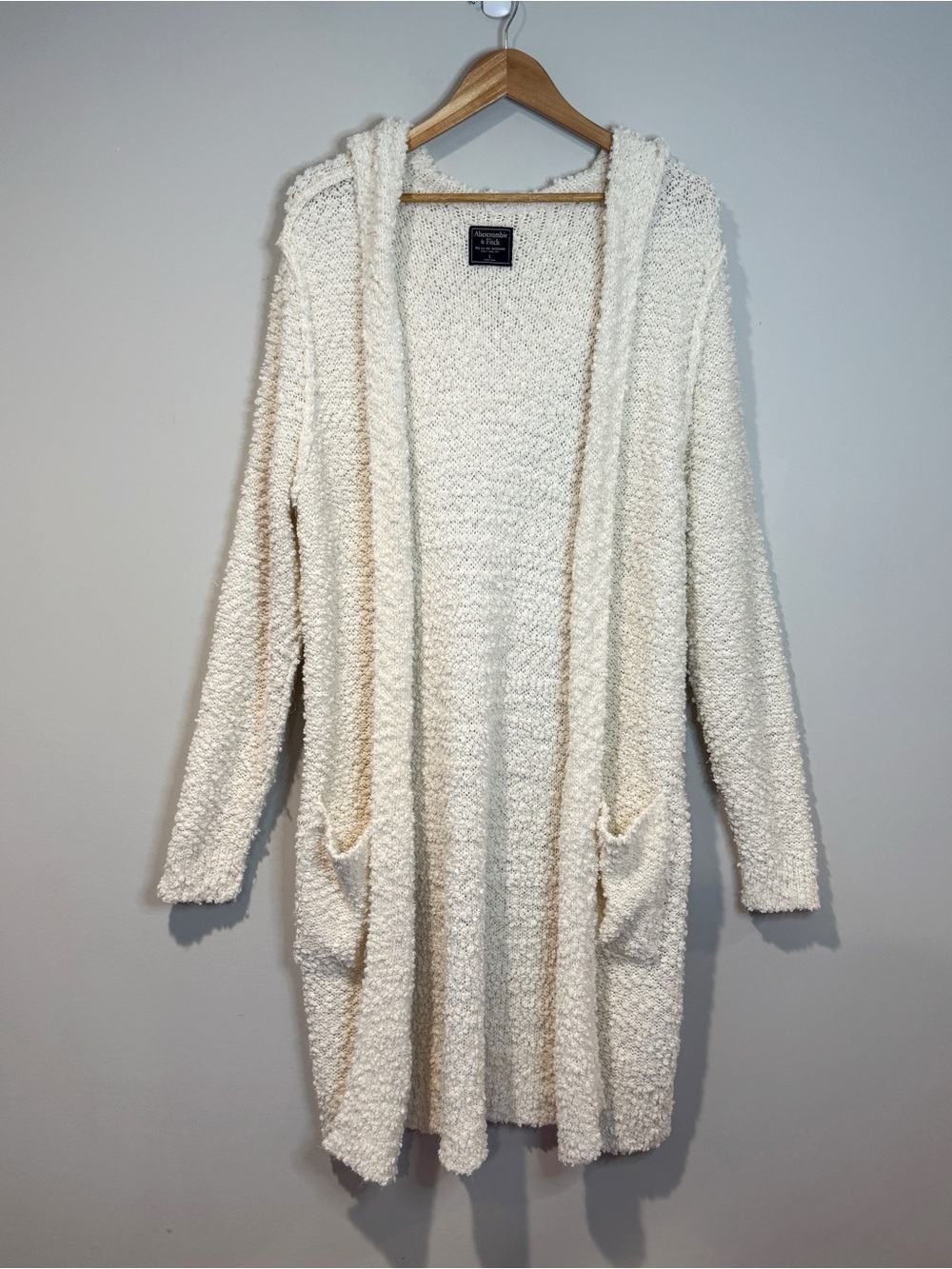Abercrombie & Fitch Cream Boucle Knit Hooded Long Line Cardigan Cozy Lounge L